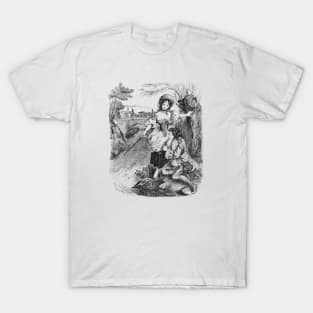 Idyllic Rustic Scene with a Girl and a Shepherd. Black and White Vintage Illustration T-Shirt